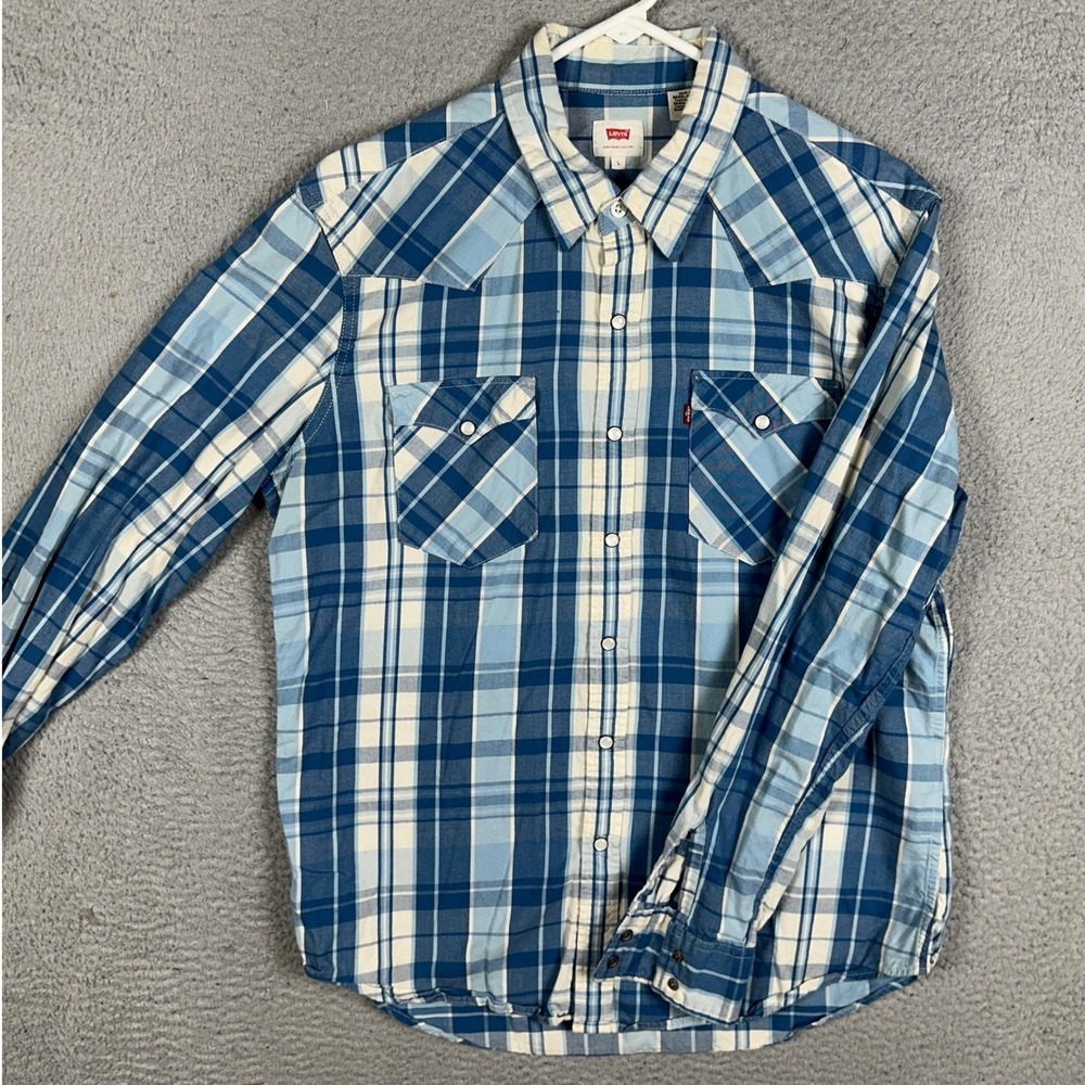 Levis Shirt Mens Large Blue White Plaid Western Pearl Snap Button Up Flap Pocket